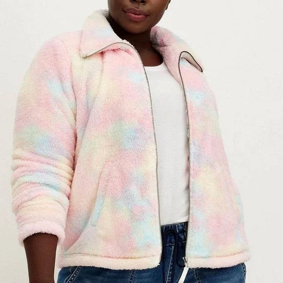 Torrid Plus Size 2 Cotton Candy Tie Dye Plush Zip Up Sherpa Jacket Pink Blue New - Picture 3 of 4